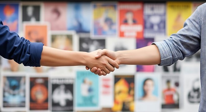 Two people shaking hands in front of a wall covered in colorful posters - Powered by Adobe