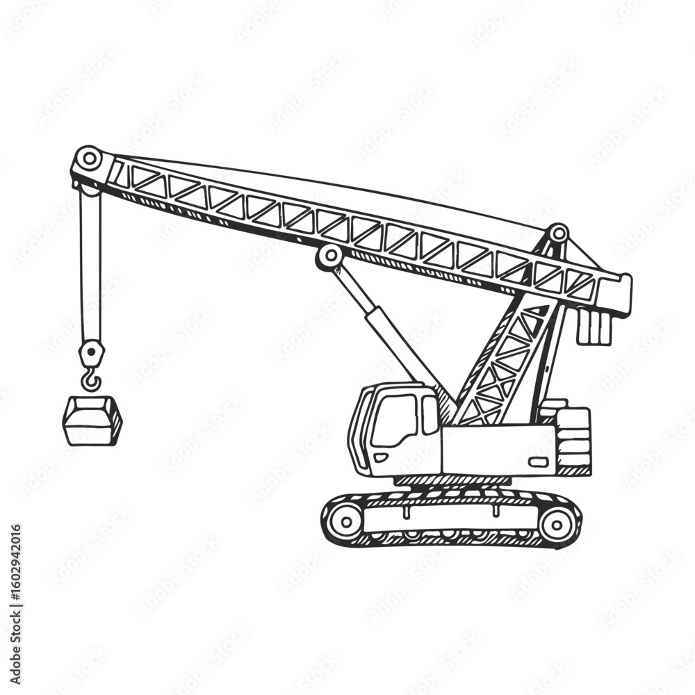 Poster hand-drawn crane sketch with hook and treaded tracks – stock vector icon in line style