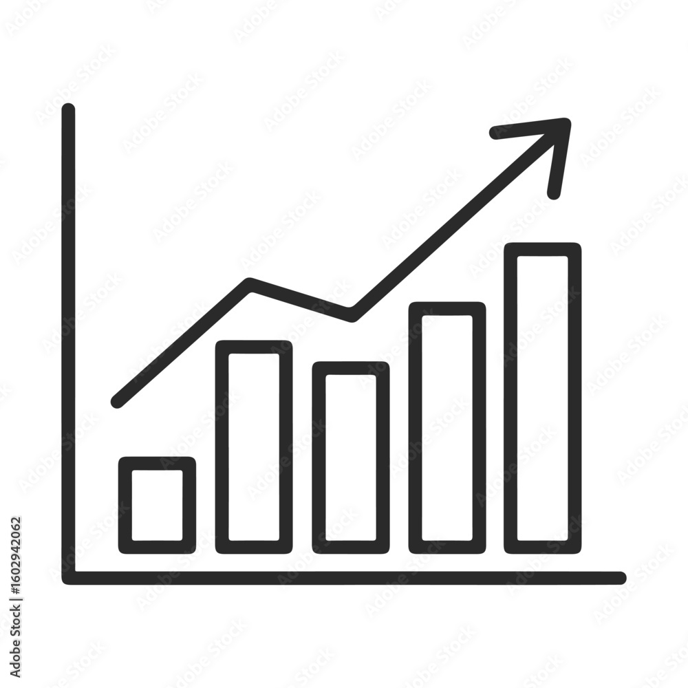 Poster rising bar chart with upward arrow indicating growth and progress – stock vector icon in line style