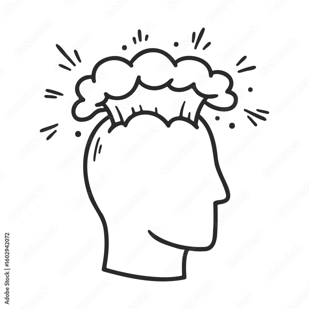 Poster creative mind graphic: human head with exploding cloud of ideas line art – stock vector icon in line