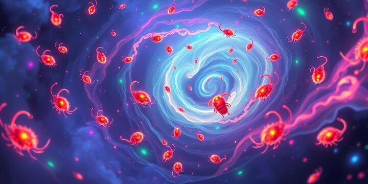 Swirling nebula of vibrant, bioluminescent creatures in a surreal dreamscape, stars, design