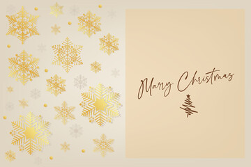 A festive illustration featuring golden snowflakes on a beige background with "Merry Christmas" text in elegant brown font and a small tree icon.