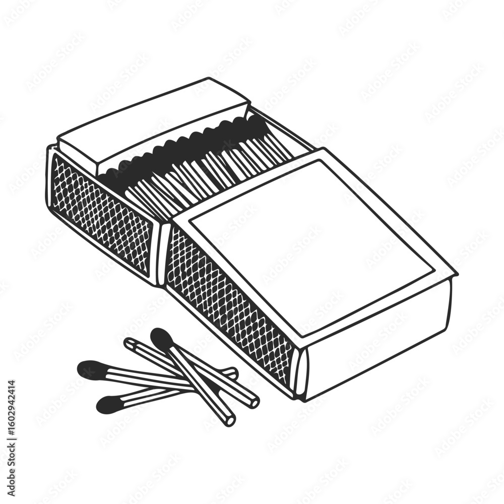 Poster open matchbox with matches and loose sticks on white background – stock vector icon in line style