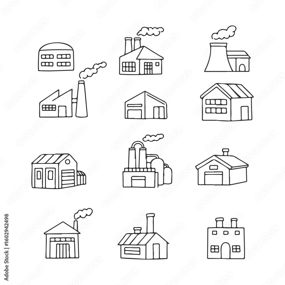 Poster hand-drawn factory icons collection with various building designs – stock vector icon in line style
