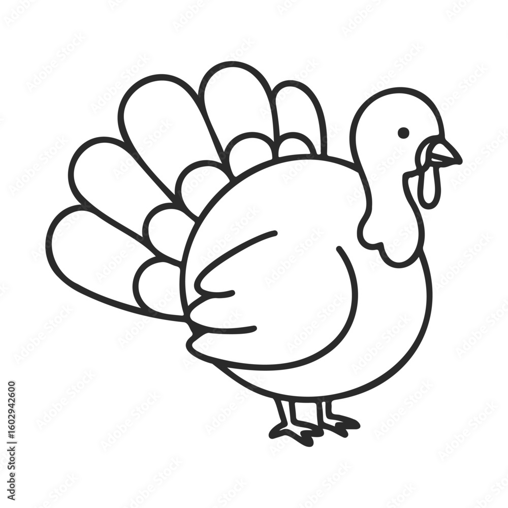 Poster simple line drawing of turkey bird with feathers displayed – stock vector icon in line style