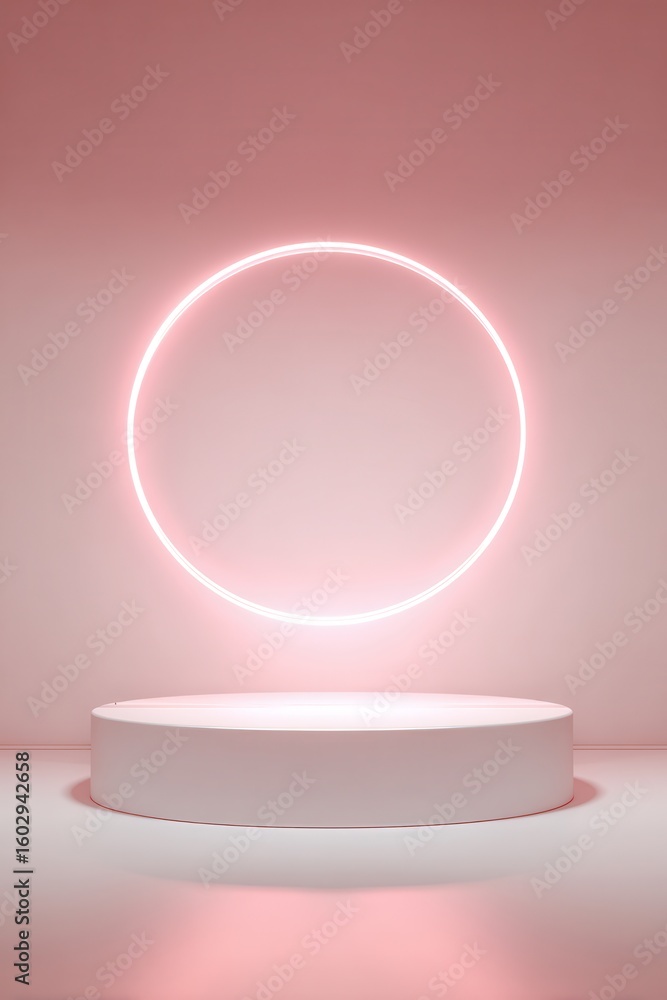 Fototapete a pink neon light ring floating above an empty white podium, creating a soft glow on the background,