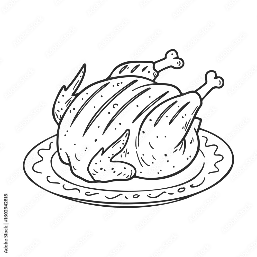 Poster sketch of cooked turkey on platter with decorative lining – stock vector icon in line style