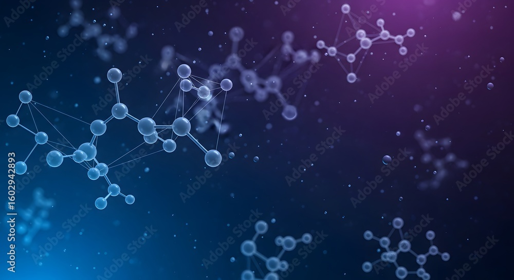 Poster molecular structures with spheres and lines on a gradient blue and purple background in a science se