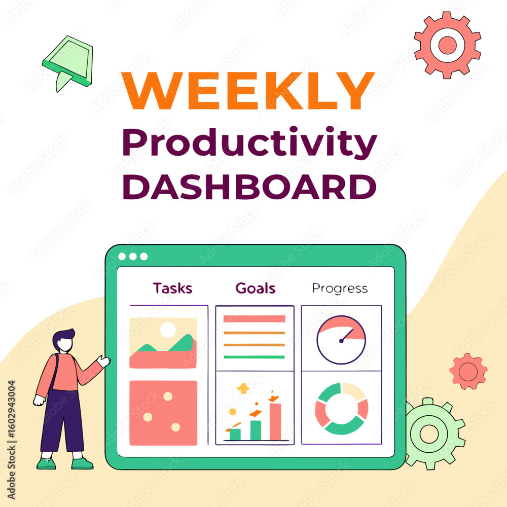 Poster illustration of a weekly productivity dashboard with tasks goals and progress tracking and a person 