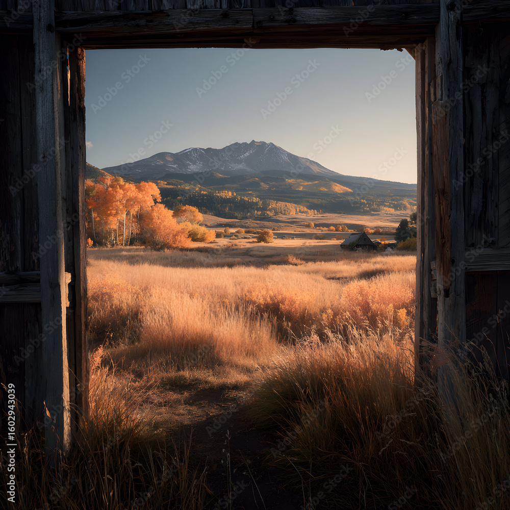 Poster panoramic view of vibrant autumn colors over open field framed by rustic window