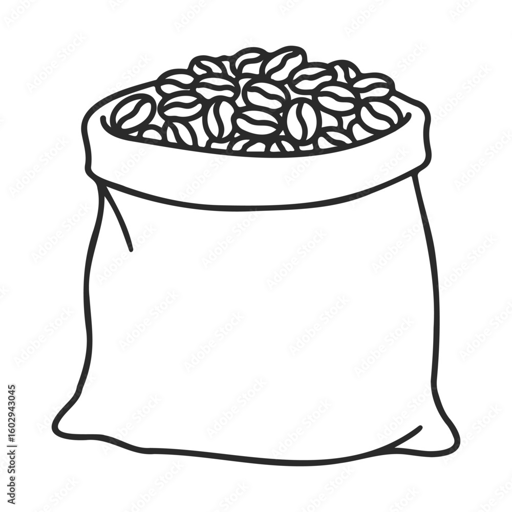 Poster outline drawing of a burlap sack filled with coffee beans – stock vector icon in line style