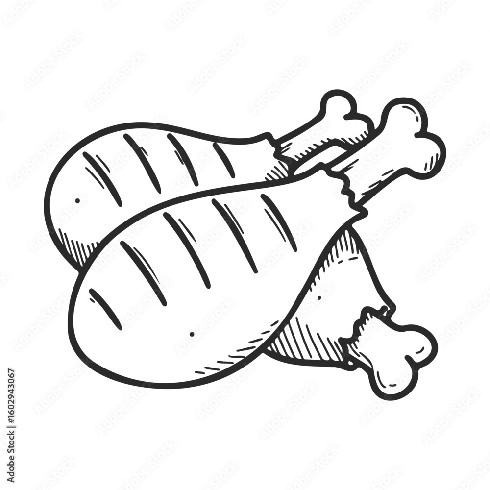 Poster grilled chicken drumsticks sketch with cross-hatching on white background – stock vector icon in lin