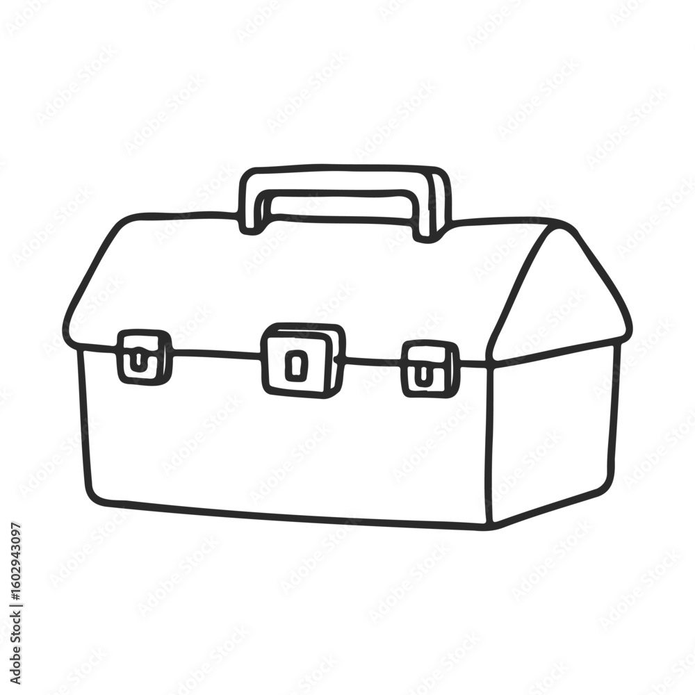 Poster hand-drawn toolbox outline with handle and latches in black and white – stock vector icon in line st
