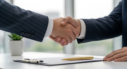 Two businessmen shaking hands over a contract on a desk with a plant and a pen
