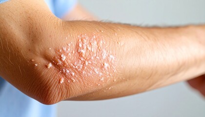 Fototapeta premium Cracked, scaly skin on elbow due to psoriasis. A hyperreal close-up showing dry, irritated texture and inflammation — perfect for dermatology visuals.