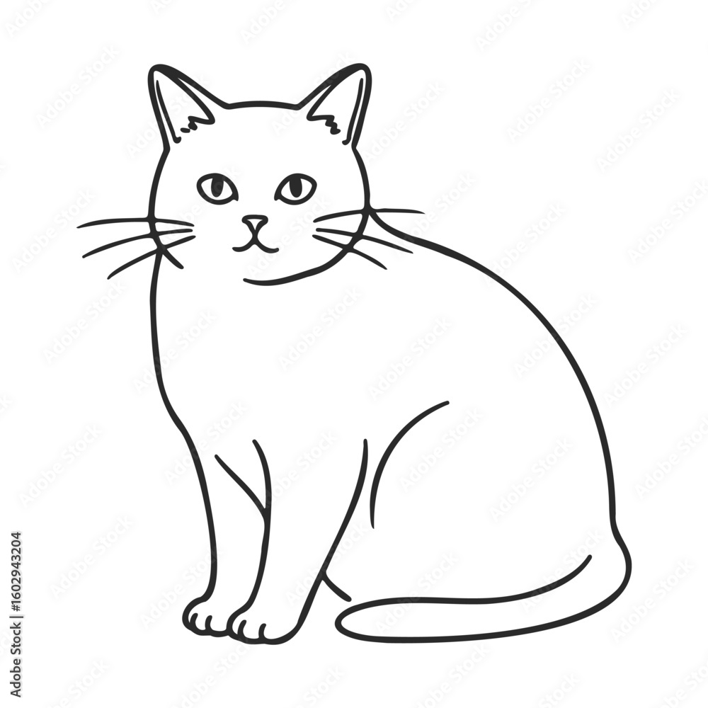 Poster simple cat line art drawing of sitting feline with whiskers and tail – stock vector icon in line sty