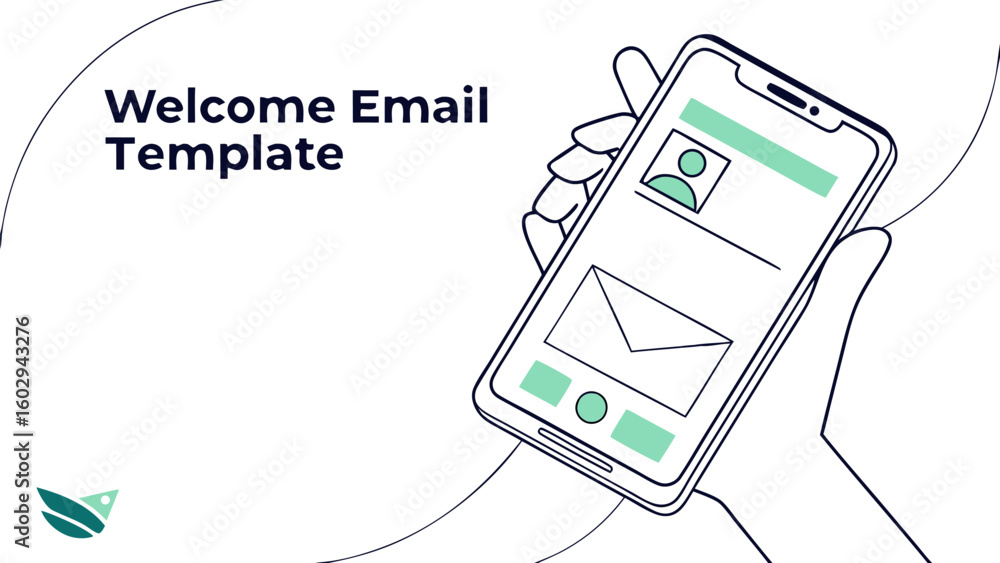 Poster Hand holding smartphone displaying welcome email template with profile and envelope interface design example