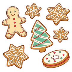 Assorted homemade Christmas gingerbread cookies, including stars and trees, beautifully decorated with sweet icing, perfect for holiday celebrations