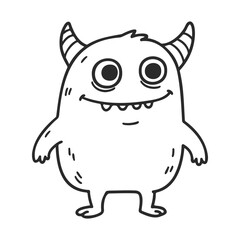 Obraz premium Cartoon smiling monster with horns: cute black and white illustration – stock vector icon in line style