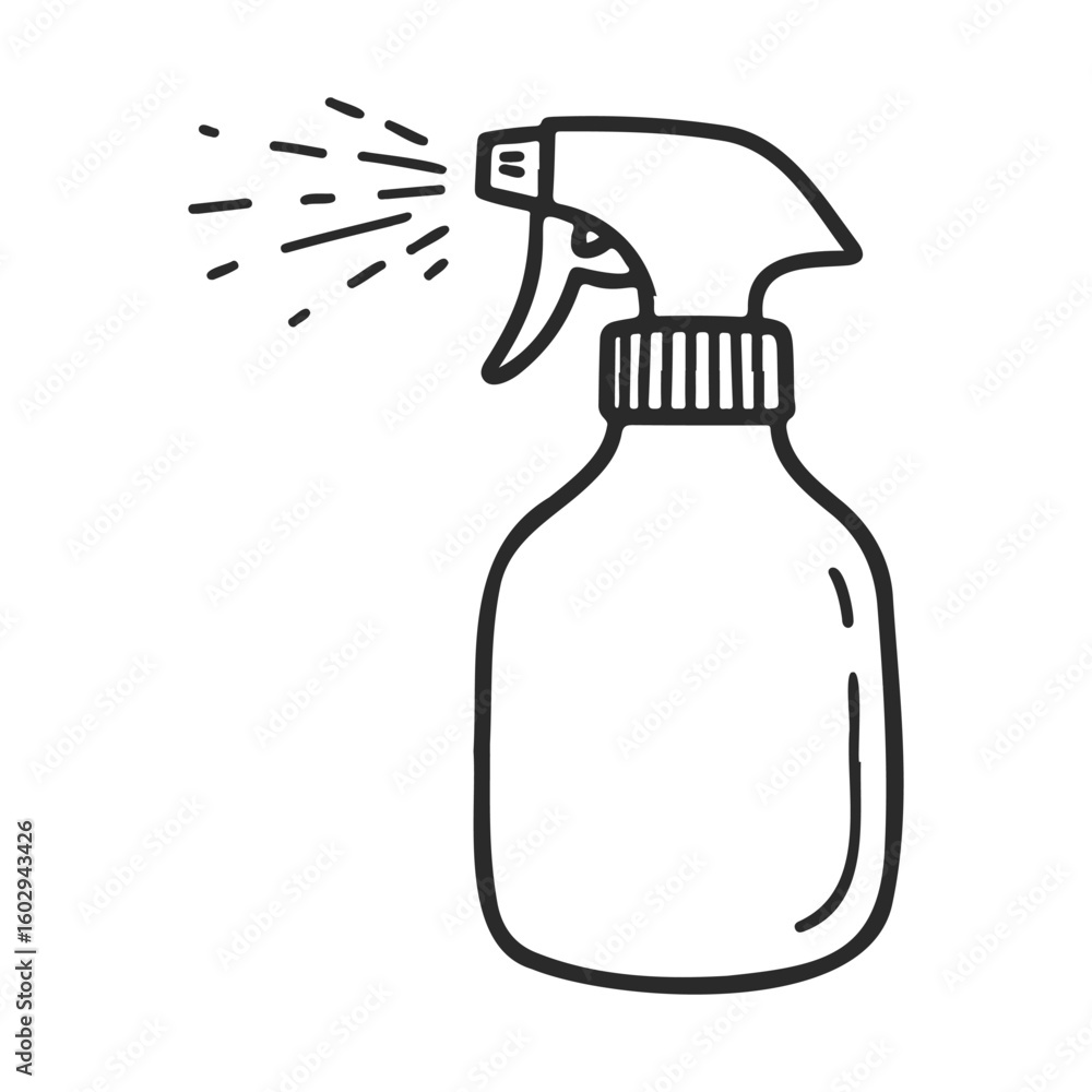 Poster hand-drawn spray bottle sketch with splashing drops – stock vector icon in line style