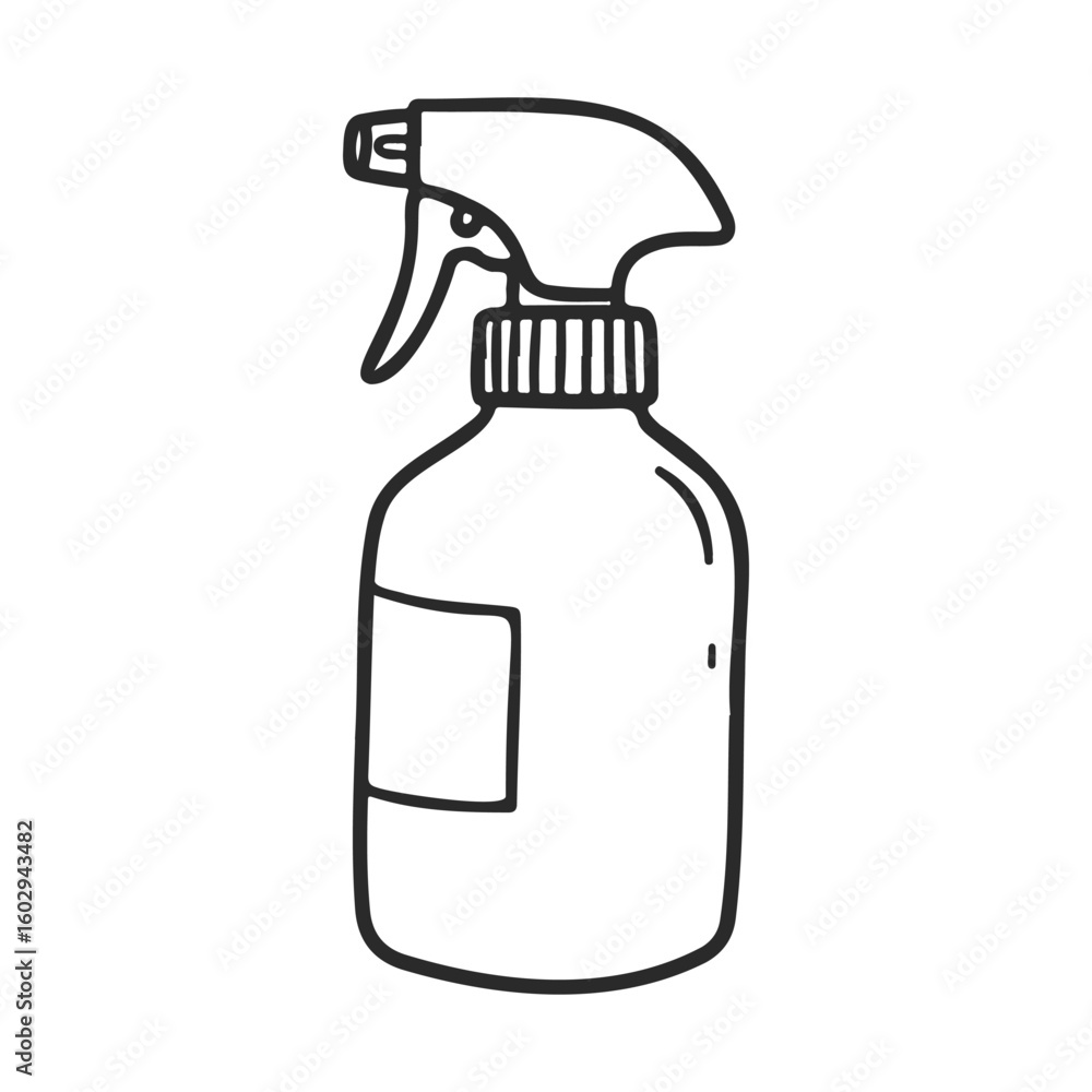 Poster black and white line drawing of spray bottle with label in vector style – stock vector icon in line 