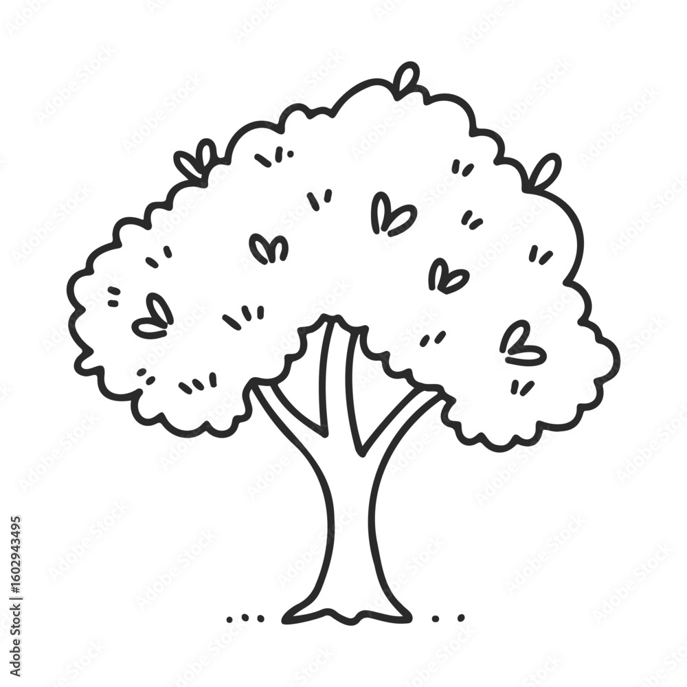 Poster sketch of heart-leaf tree with bushy canopy and sturdy trunk – stock vector icon in line style
