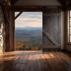 Rustic Wooden Interior with Open Door Revealing Panoramic Autumn View of Distant Mountains