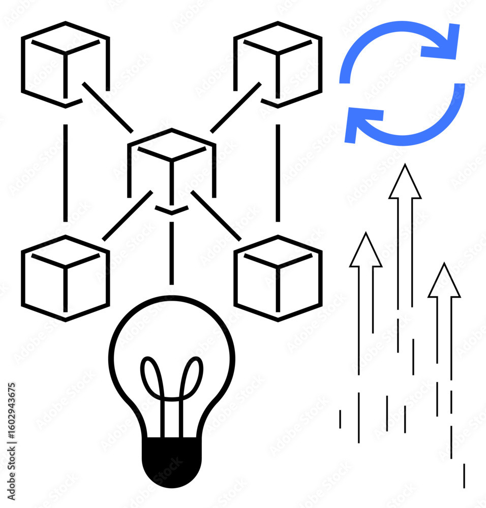 Poster interconnected cubes representing blockchain, light bulb signifying innovation, arrows symbolizing g