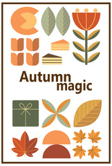 Autumn simple poster set. Autumn flyer set of designs Scandinavian mosaic. Banner autumn elements. Autumn design poster. Vector illustration.