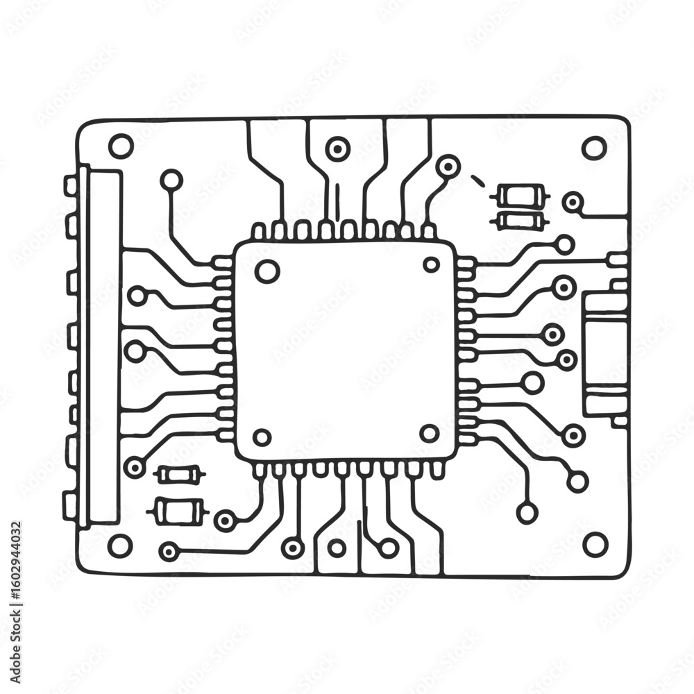 Poster hand-drawn circuit board design with microchip and electrical connections – stock vector icon in lin
