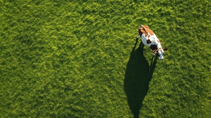 Aerial view of a cow in a green pasture.