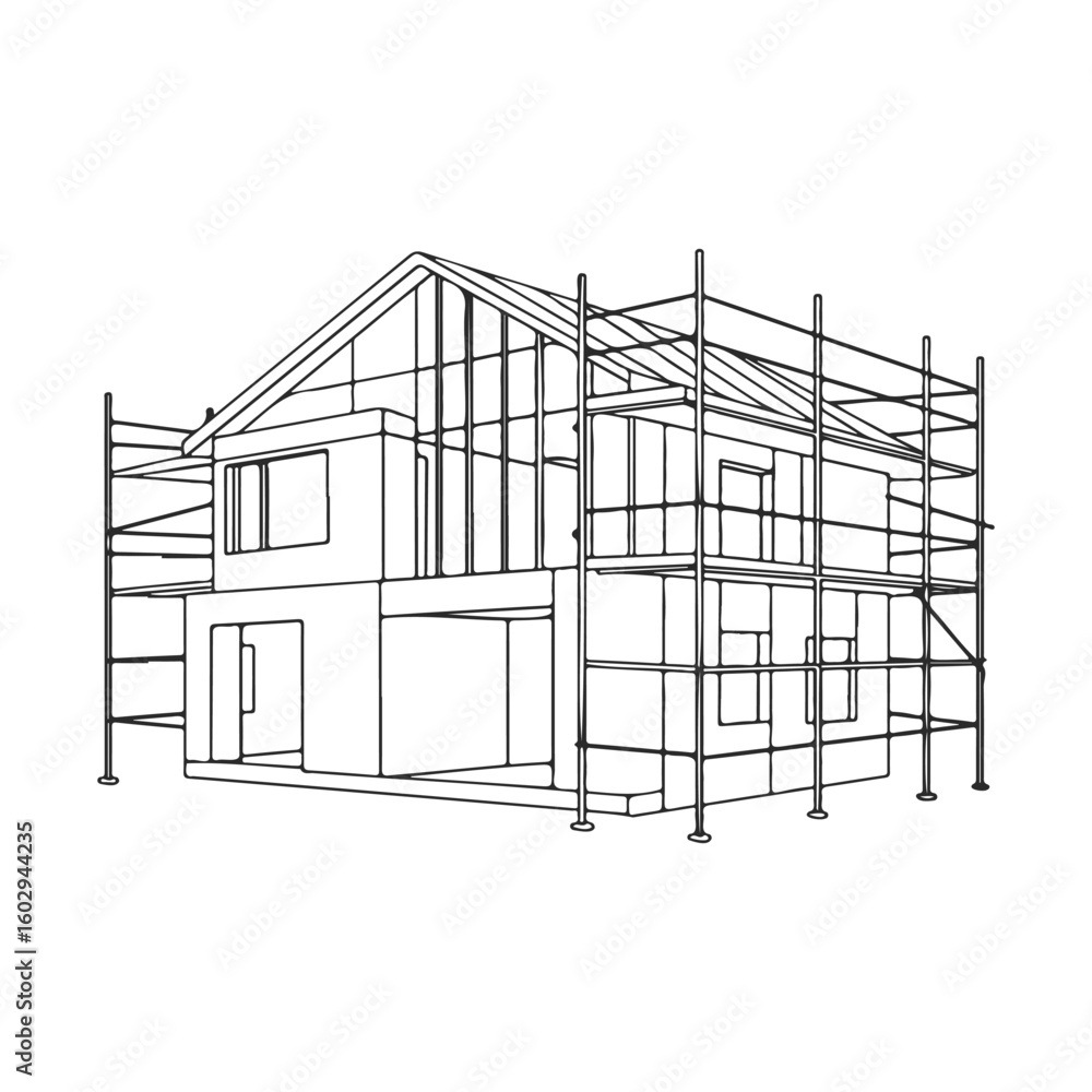 Poster architectural outline of modern house under construction with scaffolding – stock vector icon in lin