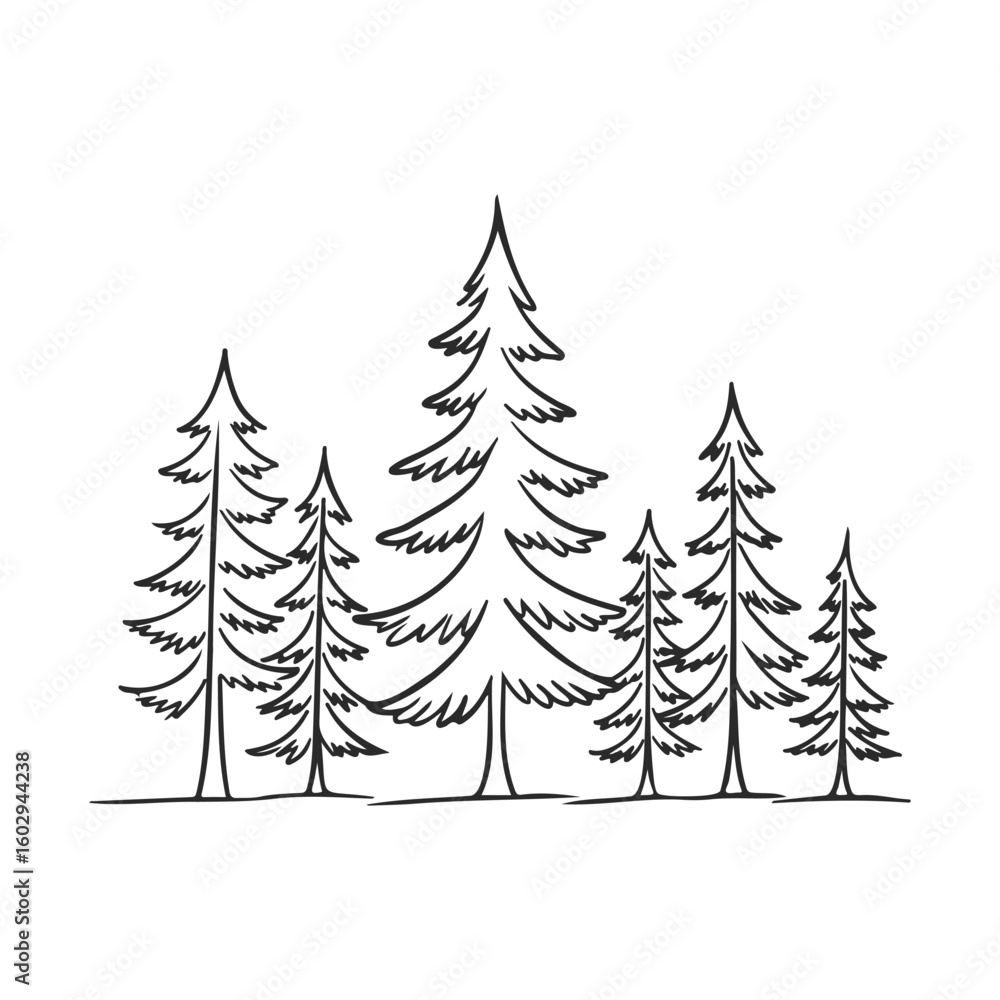 Poster black and white sketched pine trees in minimalist design – stock vector icon in line style