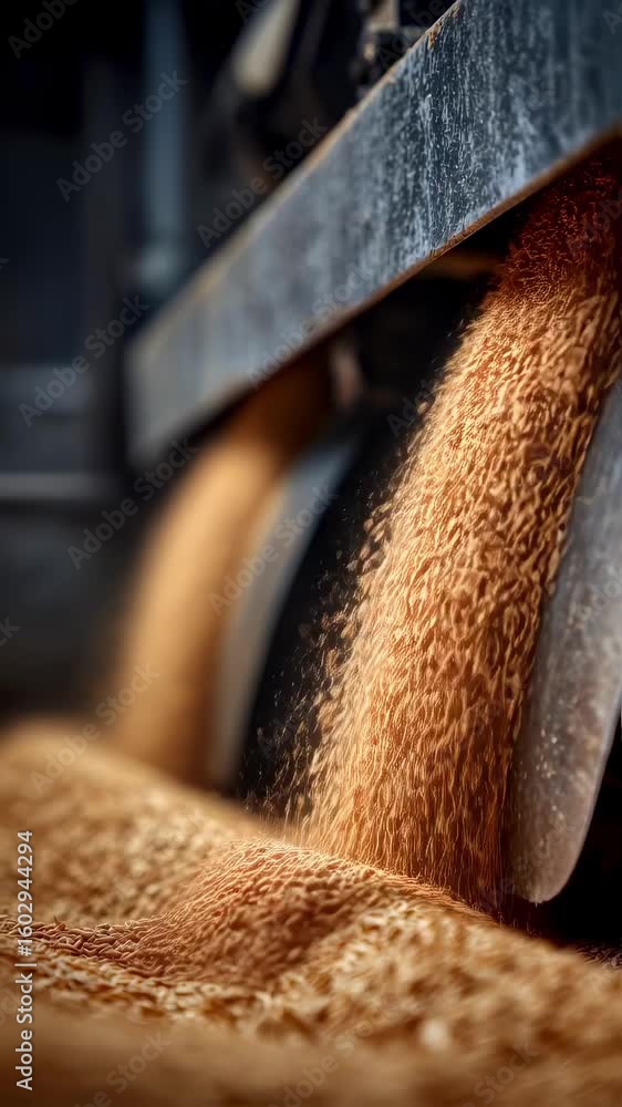 Aufkleber detailed macro image focusing on the rapid descent of grains into a cuttingedge automatic feeder ill
