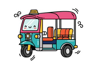 Cartoon tuk-tuk illustration with a cheerful face and vibrant colors 