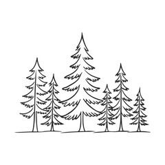 Obraz premium Black and white sketched pine trees in minimalist design – stock vector icon in line style