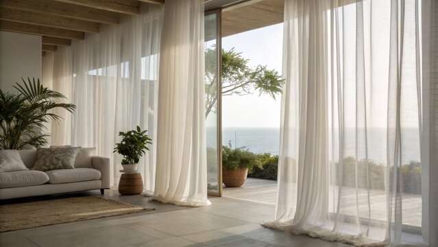 Bright living room with sheer white curtains, indoor plants, and a view of the ocean through large glass doors opening to a wooden deck.