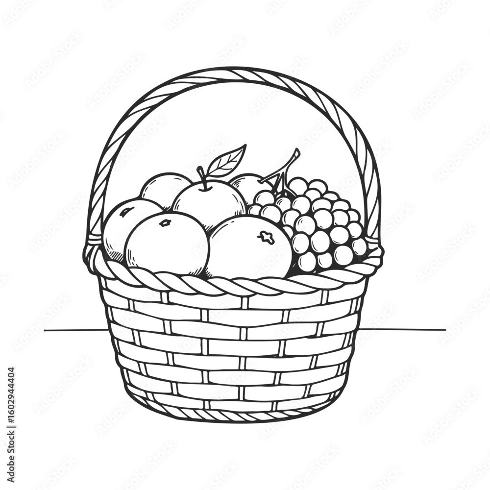 Aufkleber line drawing of fruit basket with apples and grapes – stock vector icon in line style