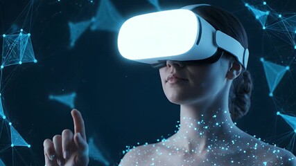 Woman explores metaverse with virtual reality headset in a futuristic digital world showing network connections and innovative technology - Powered by Adobe