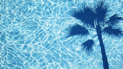 Palm tree shadow reflected in a swimming pool's shimmering water.