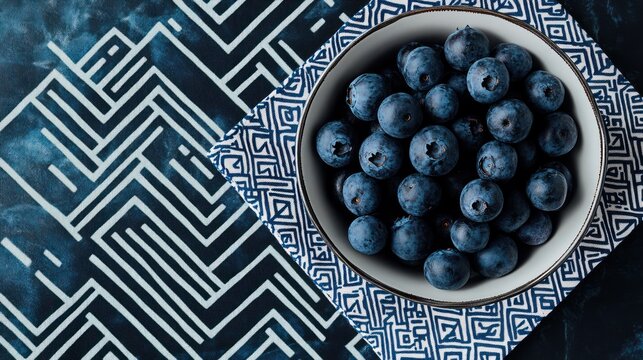 Bowl of fresh blueberries on a patterned surface.