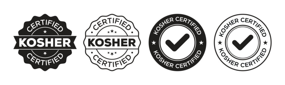 Kosher certified stamp Icons set in solid black and outlined. Kosher Certified Badge stamp Vector Icons Set for Food Labelling and Packaging Design