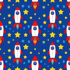 Rockets and stars on blue background. Watercolor seamless pattern.