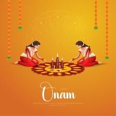 Happy Onam Post and Greeting Card. Minimal and Modern Onam Festival Poster and Flyer Template with Text and Onam Boat Race Vector Illustration