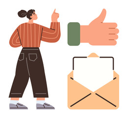 Woman gesturing upward in striped shirt, thumbs-up symbol, and open envelope with blank letter. Ideal for communication, approval, email, teamwork, feedback, ideas interaction simple flat metaphor