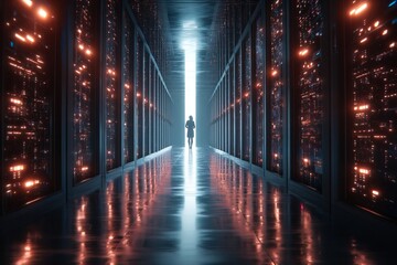 A large data center with rows of powerful supercomputers, a person walking in the middle between them.