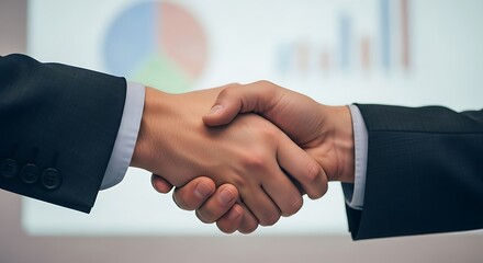 Obraz premium Two businessmen shaking hands in front of a financial presentation