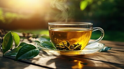 A steaming cup of tea in a glass cup sits on a wooden surface with fresh green tea leaves nearby, bathed in warm natural sunlight.