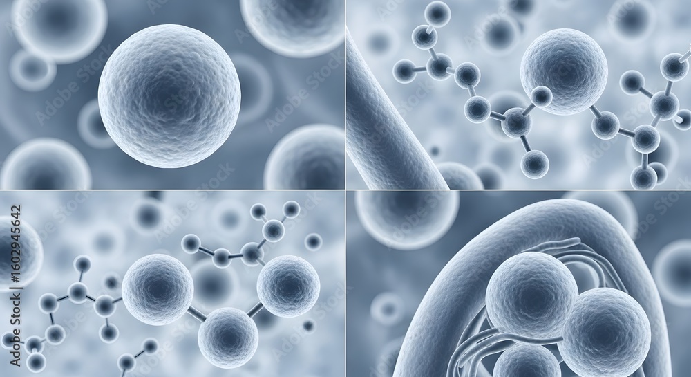 Poster microscopic view of cells and molecules in a blue and white color scheme with intricate details