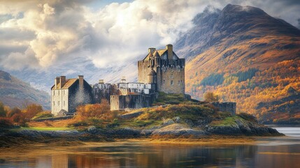 Majestic castle on a rocky island, surrounded by autumnal foliage and mountains, reflecting in calm water at sunset.